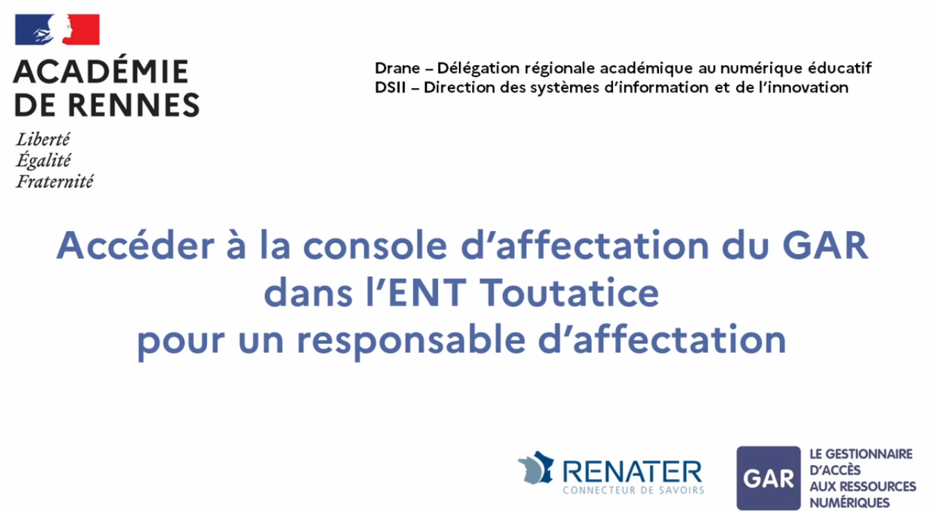 Accéder à la console d'affectation du GAR depuis Toutatice pour un enseignant du 1er degré ( Toutatice dans sa version de la rentrée 2022)